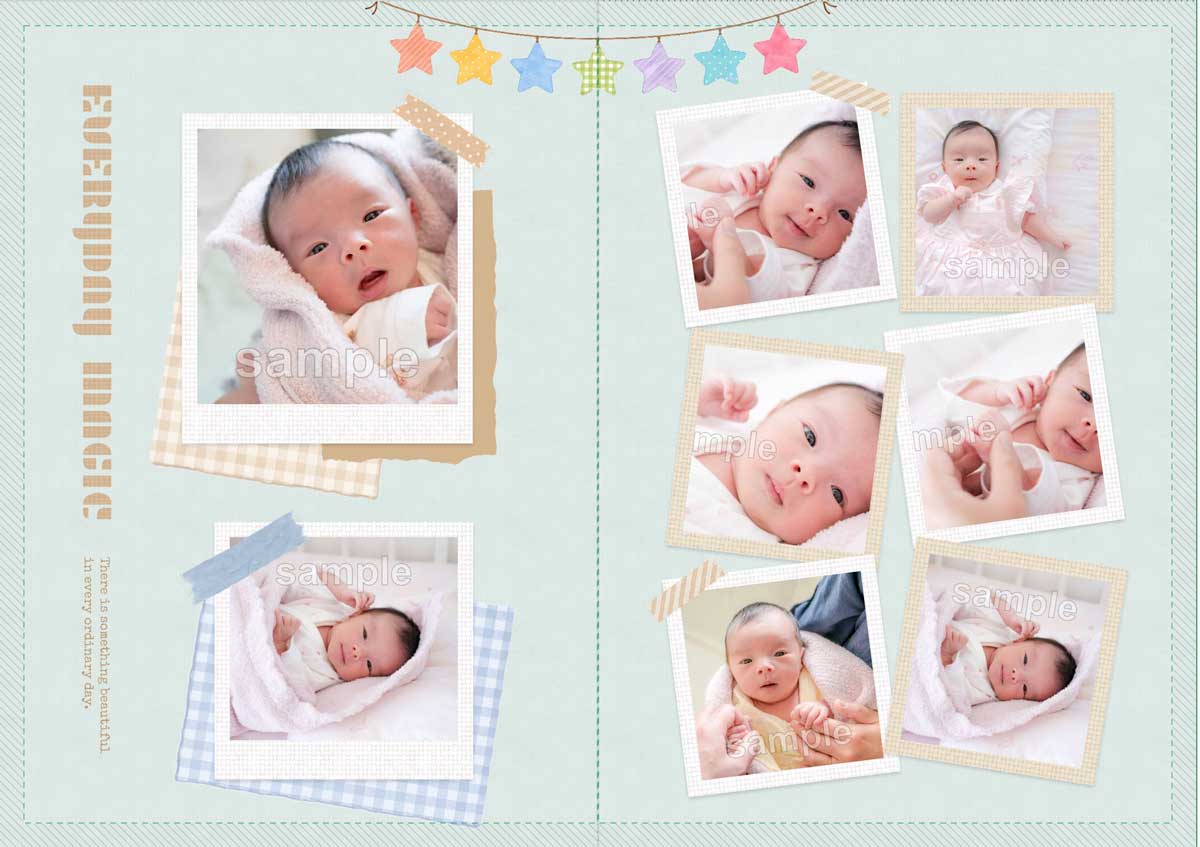 赤ちゃんの成長をまとめた見開きページの見本
