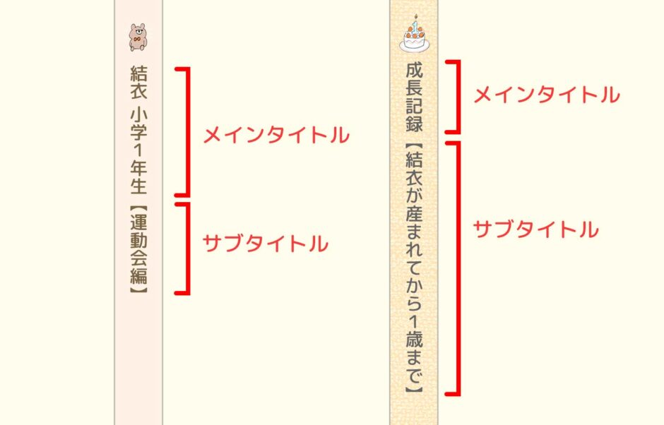 フォトブックタイトルのパターン　メインタイトルとサブタイトル