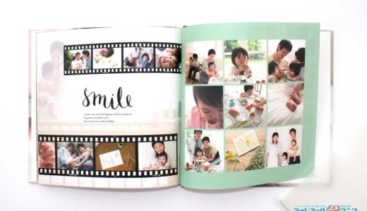 パーフェクトフォトで実際に作成した「ハードカバー」見開き　子供・家族の写真
